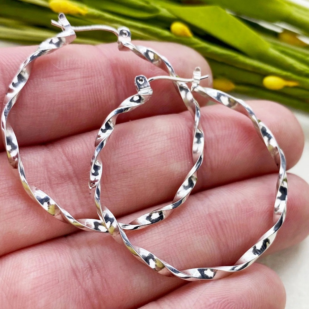 Sterling Silver 925 Two Tone Twisted Hoop Earrings